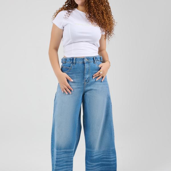 Wide-Loose Strapped Mid Blue Denim