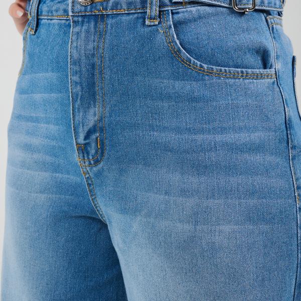 Wide-Loose Strapped Mid Blue Denim