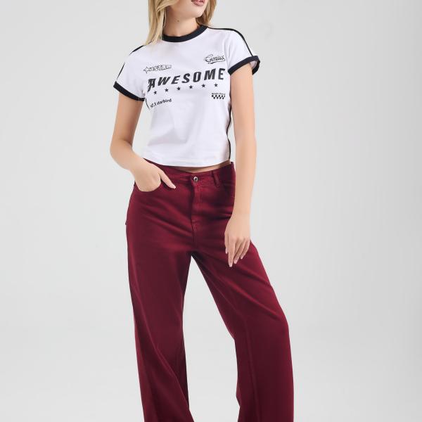 Wide-Leg Burgundy Gabardine
