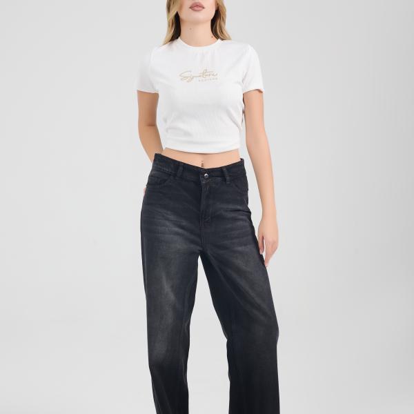 Wide-Leg Washed Charcoal Denim