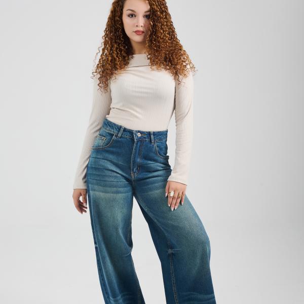 Wide-Leg Dark Blue Washed Denim
