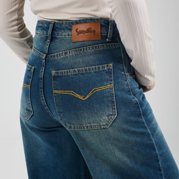 Wide-Leg Dark Blue Washed Denim