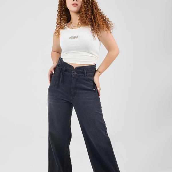 Wide-Leg Charcoal Denim With Drawstring