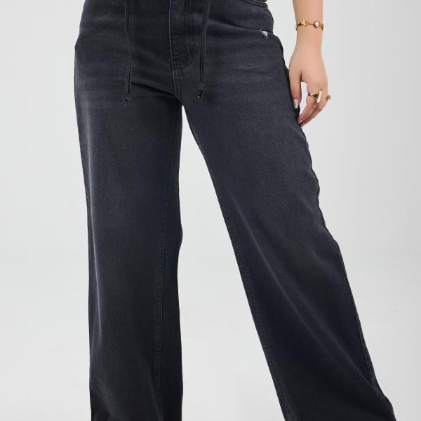 Wide-Leg Charcoal Denim With Drawstring