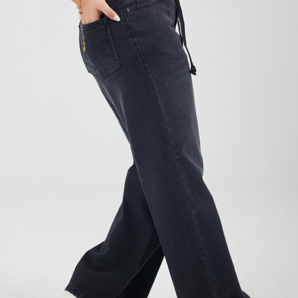 Wide-Leg Charcoal Denim With Drawstring