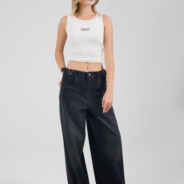 Wide-Loose Strapped Black Denim