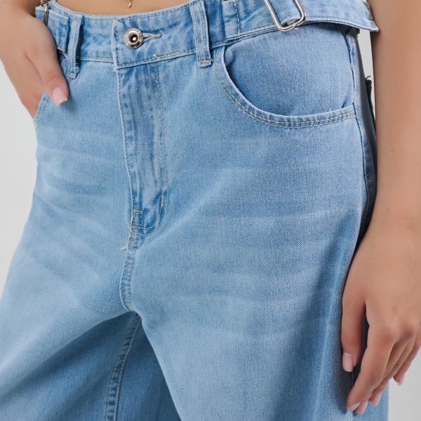 Wide-Loose Strapped Light Blue Denim