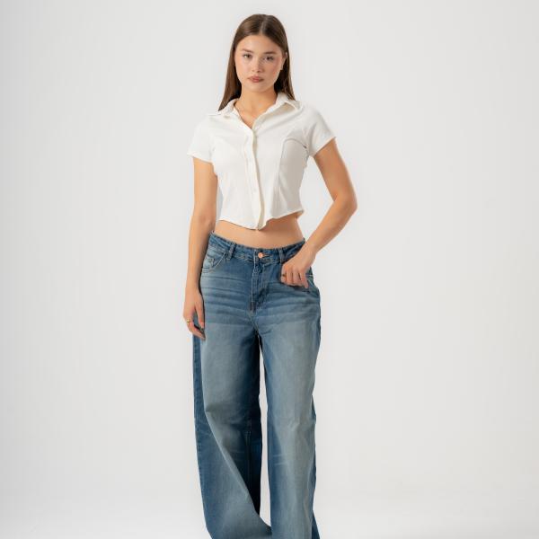 Wide-Loose Mid Blue Washed denim