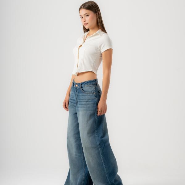 Wide-Loose Mid Blue Washed denim