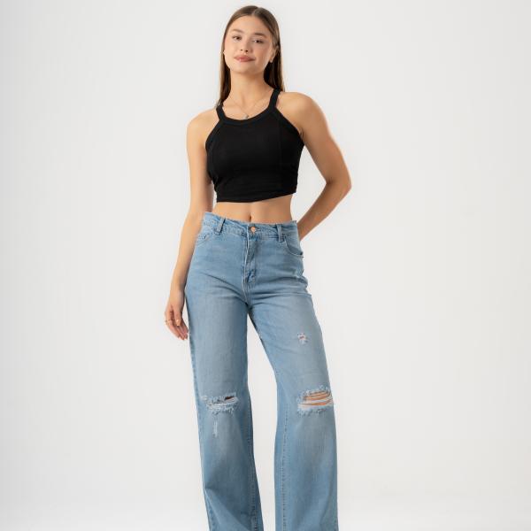 Wide-Leg Light Rush Ripped Denim