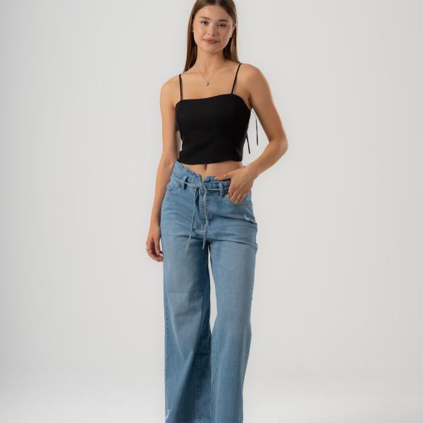 Wide-Leg Light Blue Denim With Drawstring