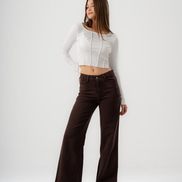Wide-Leg Brown Gabardine
