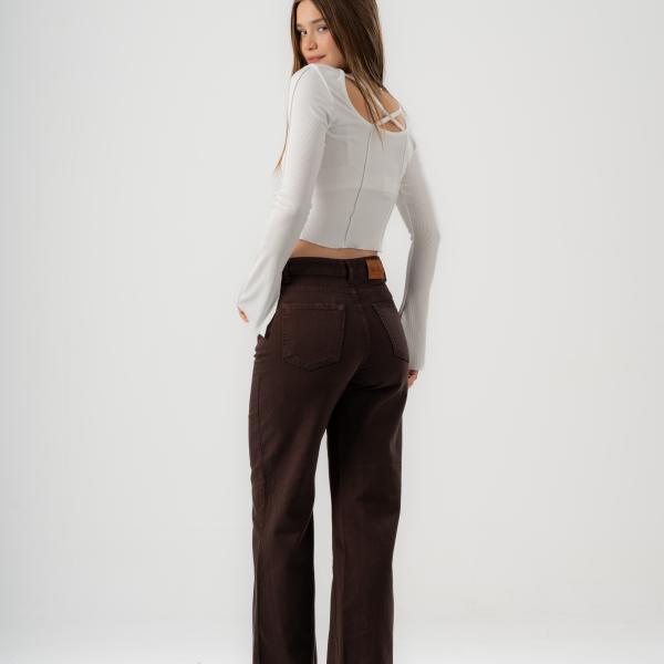 Wide-Leg Brown Gabardine
