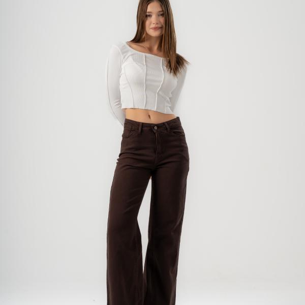 Wide-Leg Brown Gabardine