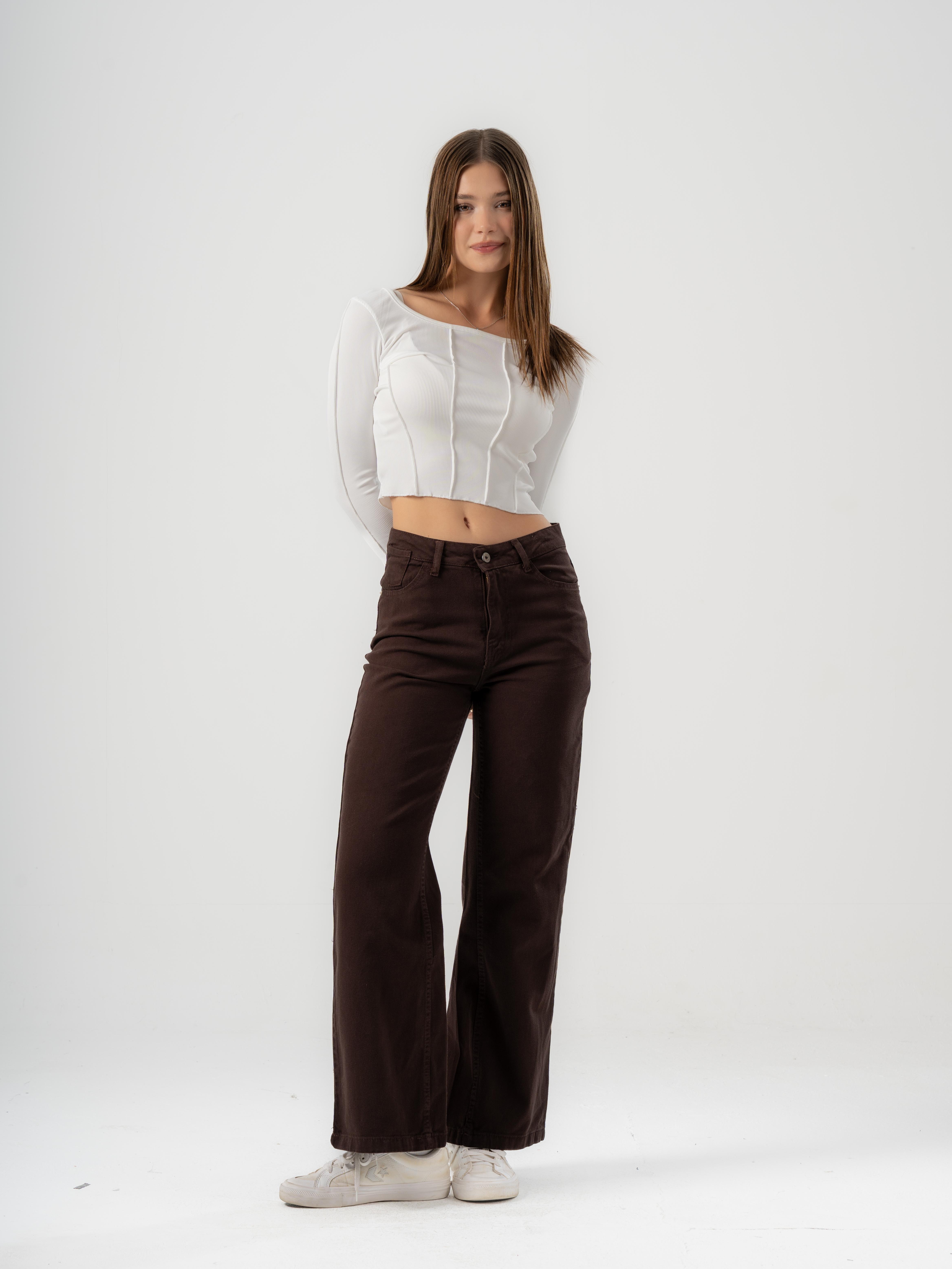 Wide-Leg Brown Gabardine